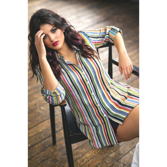 Melissa Paige Tops - Melissa Paige L Multi Color Stripe Shirt Dress Tunic Collar Roll Tab Sleeve Boho